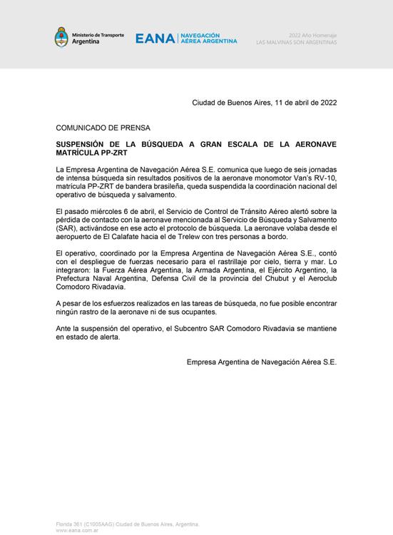 comunicado EANA suspension busqueda