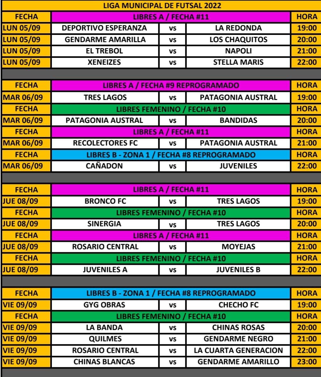 Futsal Programación primera semana de septiembre 2022