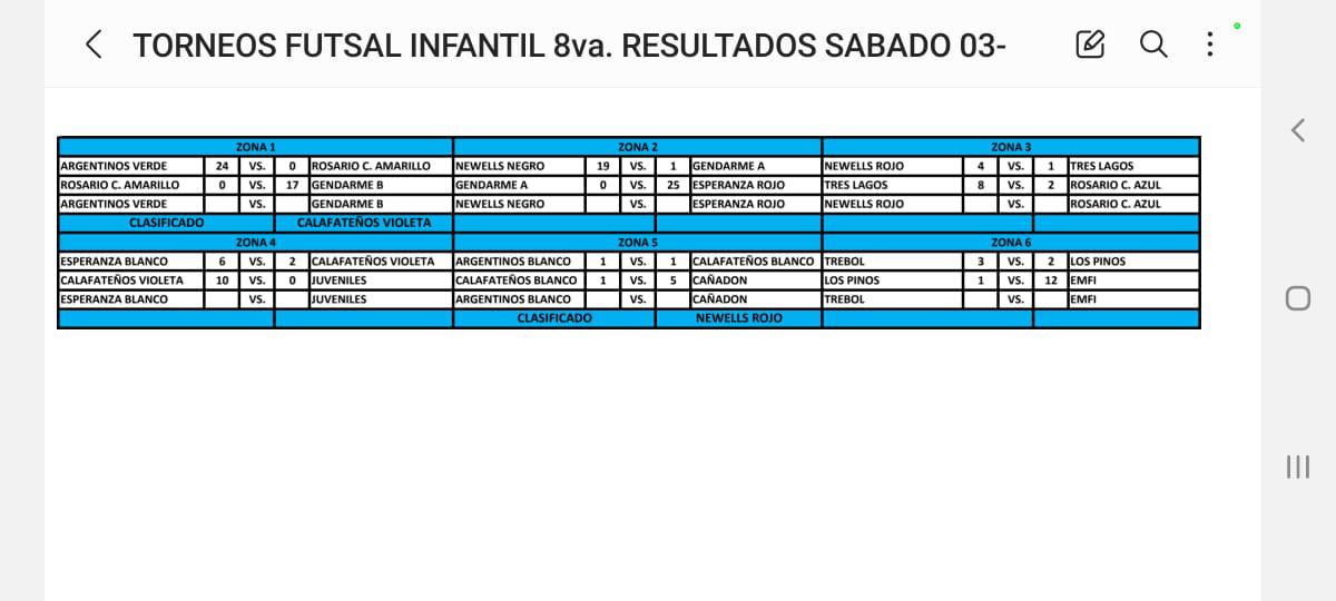 Futsal Infantil 8va División resultados