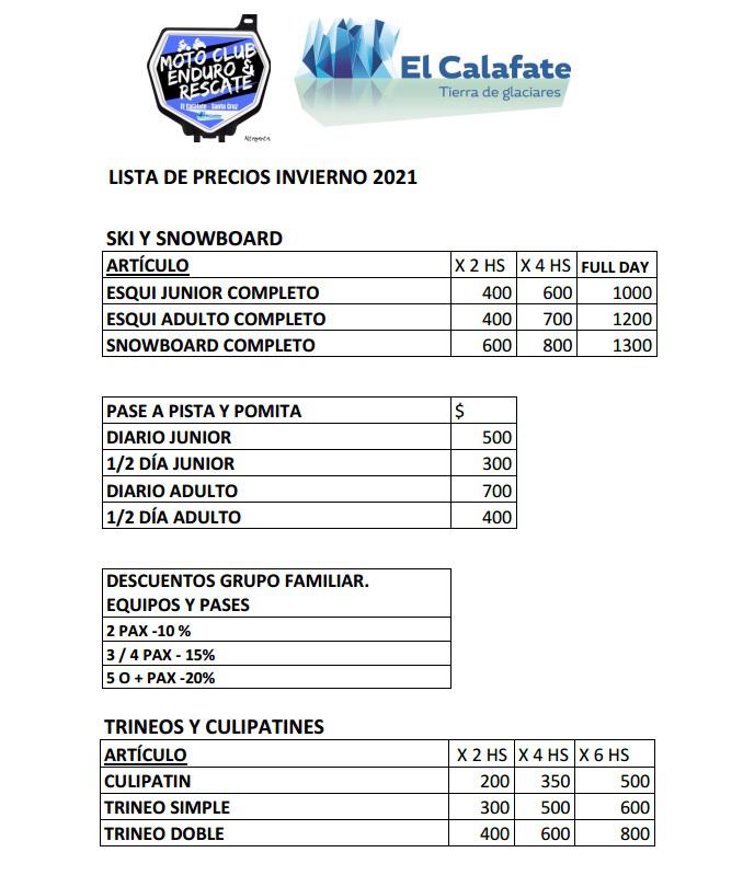 lista de precios Hoya del Chingue