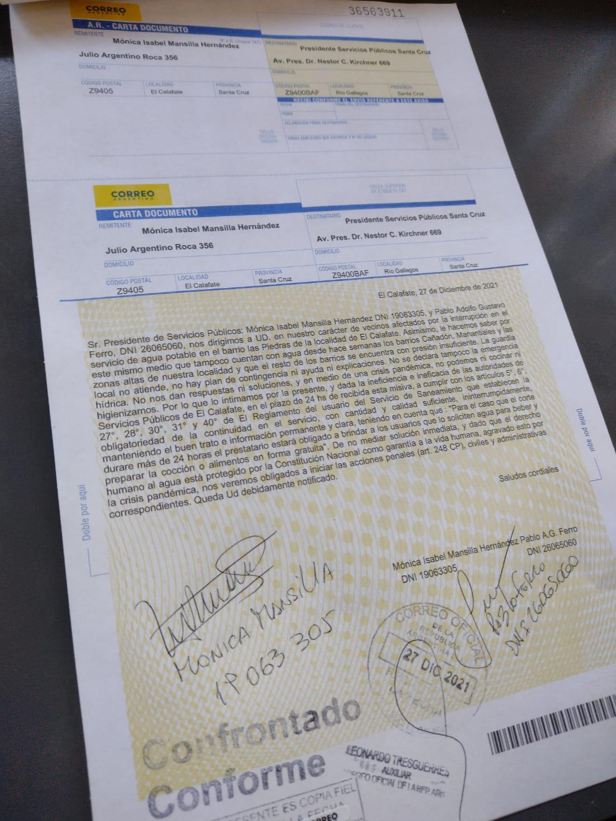 FALTA AGUA. Enviaron Carta Documento al presidente de Servicios Públicos
