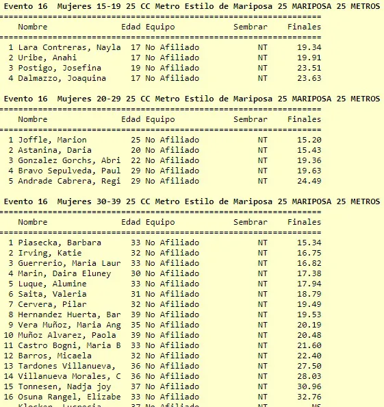 Natación 25 metros mariposa femenino 1