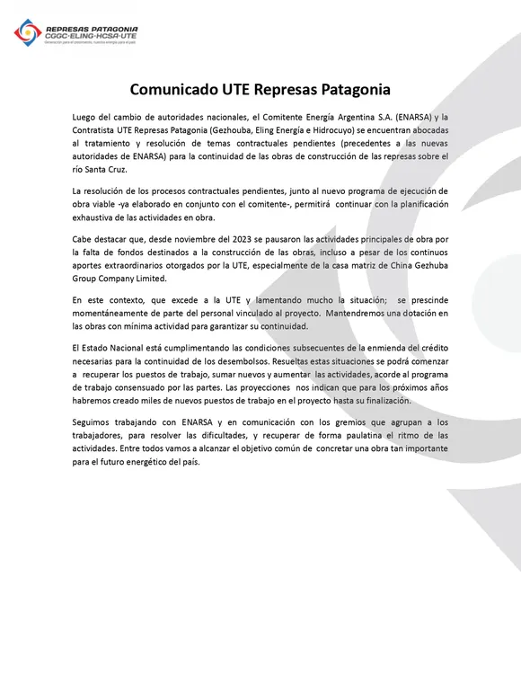 comunicado UTE Represas Patagonia