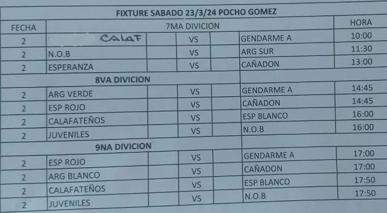 Fútbol 2da fecha programa de partidos 7ma, 8va y 9na división